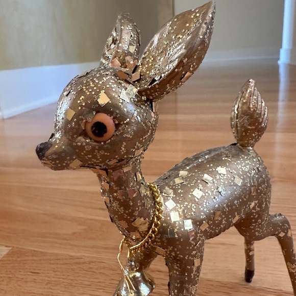 Vintage Gold Glitter Hard Plastic Deer Reindeer with Bell - Picture 3 of 12